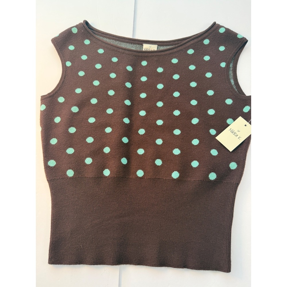 Nikka K Brown Mint Polka Dot Knit Sweater Vest Top Medium